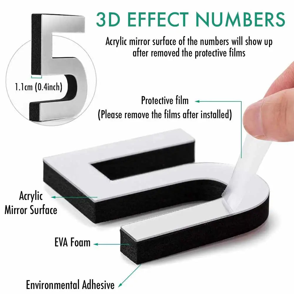 MCDFL 3D Large Wall Clock with self-adhesive acrylic mirror stickers showing 3D effect numbers and protective film removal.