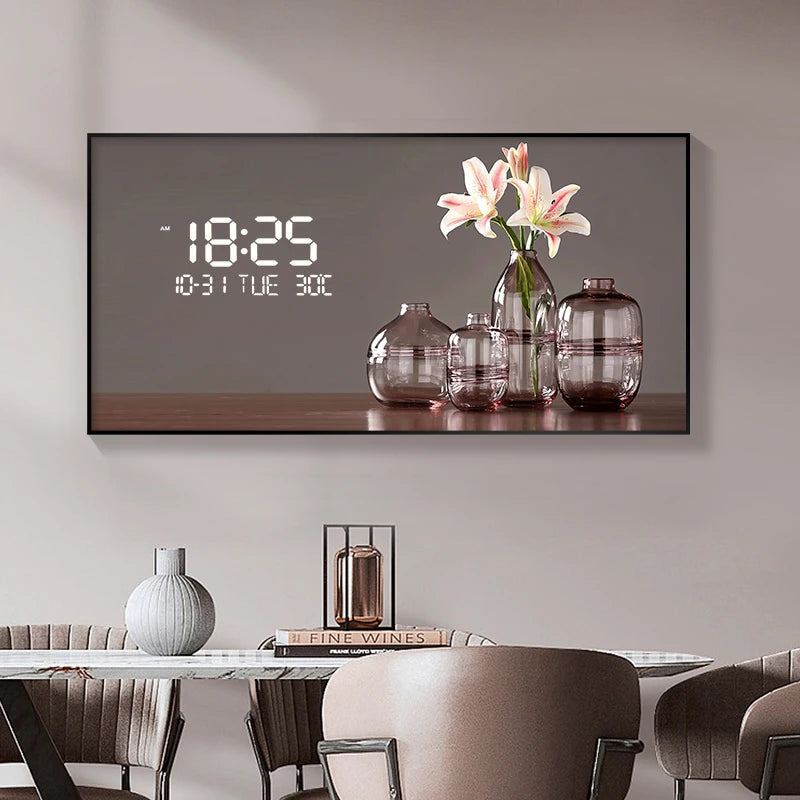 Large Size Flower Pattern Digital Wall Clock with LED Light,Creative Luxurious Muted Quartz Wall Clock for Home Decoration