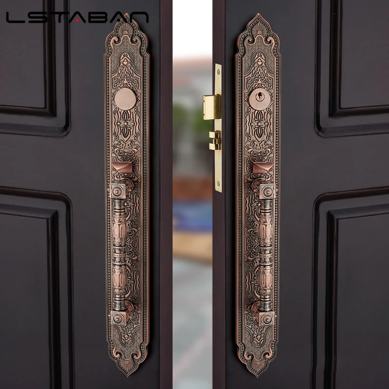Premium European villa door lock with antique bronze finish and intricate engravings on double doors.