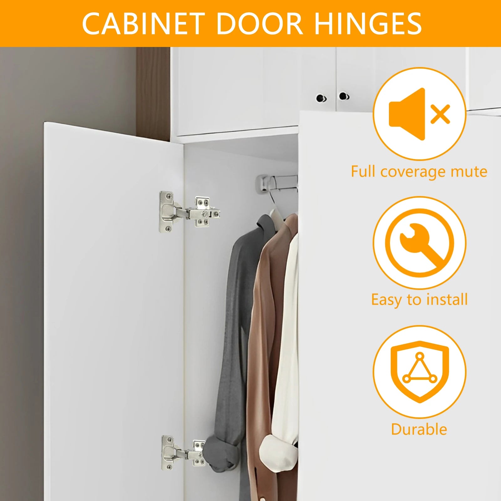 Cold rolled steel hydraulic cabinet door hinge with soft closing mechanism installed on a white cupboard, featuring easy installation and durability.