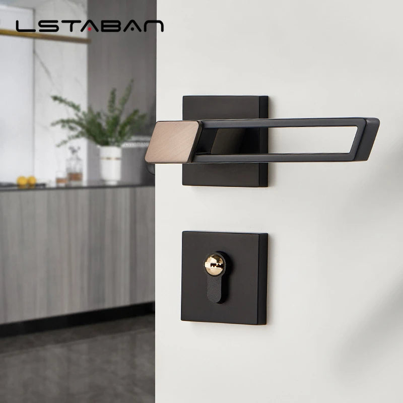 Zinc Alloy Silent Door Lock with Matte Black Finish and Geometric Handle