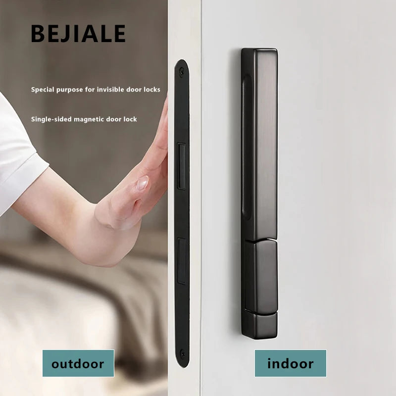 Black single-side invisible sizzle lock on a white interior bedroom door with hidden handle design.