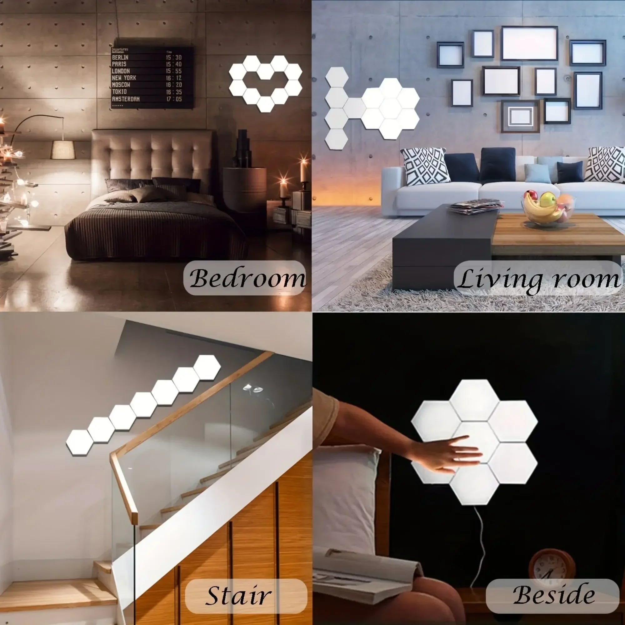 Hexagonal touch LED wall light in a 6-pack, shown in bedroom, living room, stairwell, and bedside settings, featuring neutral white light and touch activation.