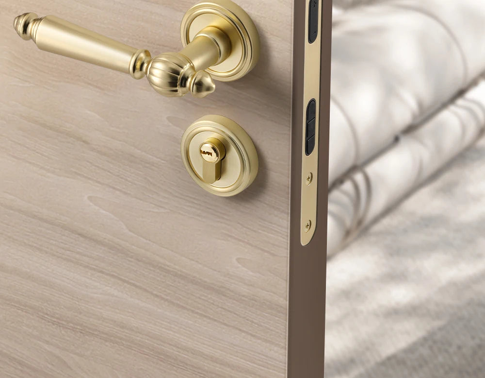 French door lock for indoor and household use, copper brushed matte wood door, split handle, bedroom silent lock