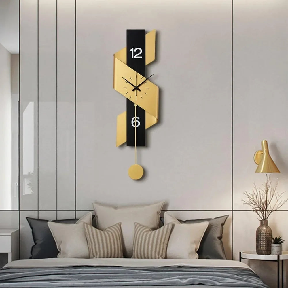 Modern Decorative Wall Clock with Pendulum - Elegant Black and Gold Ribbon Design, Battery Operated, Iron Construction