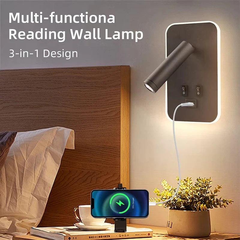 LED Wall lamp and Reading light,Multifunctional Wall Sconces with USB Port,LED Wall Lamp with Bedside Night light for Bedroom