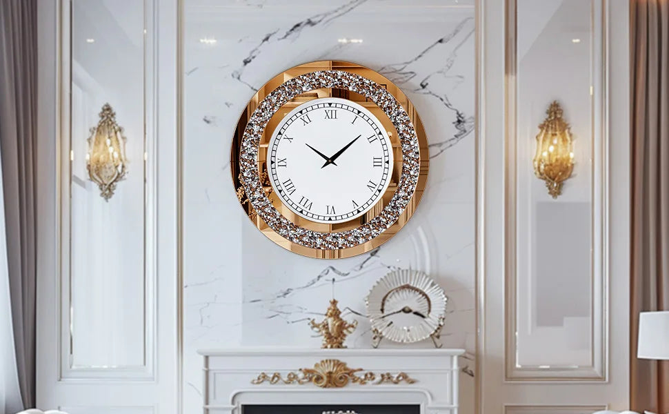 Silver,Tawny Tinted Round Mirror ,24inch Crystal Sparkle Twinkle Bling Crush Diamond Large Mirrored Wall Clock for Living Room