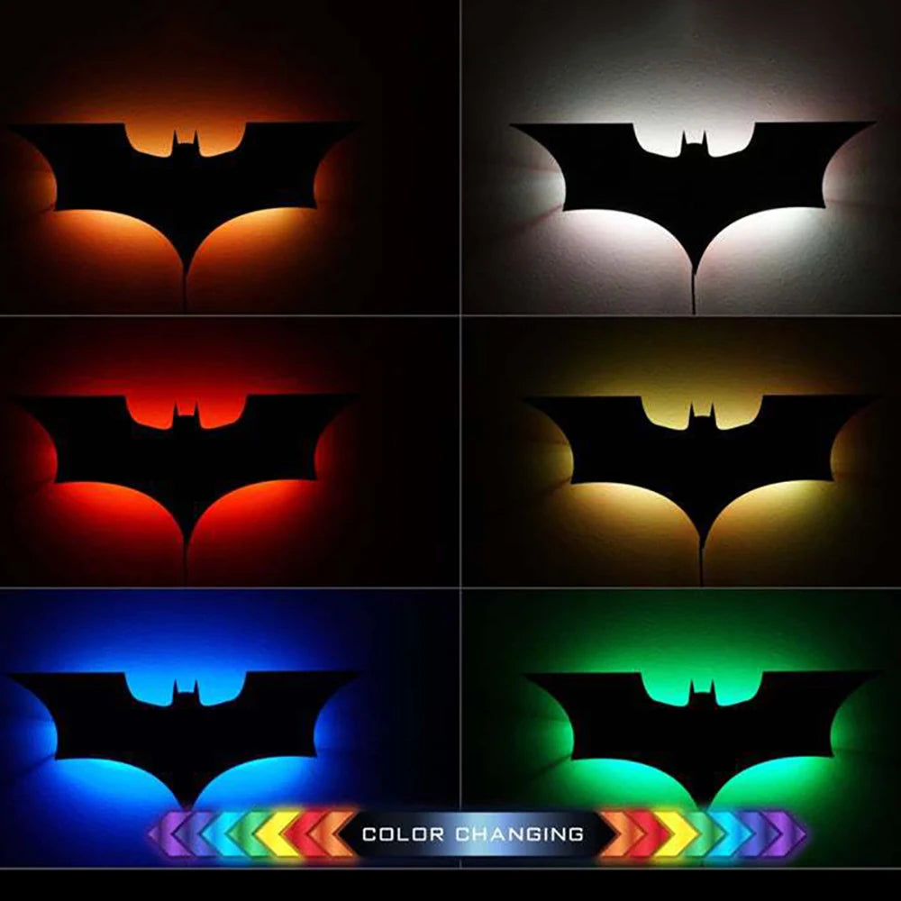 Modern creative wooden bat-shaped wall lamp with 16-color remote control night light and 2-meter cable displayed in various colors.