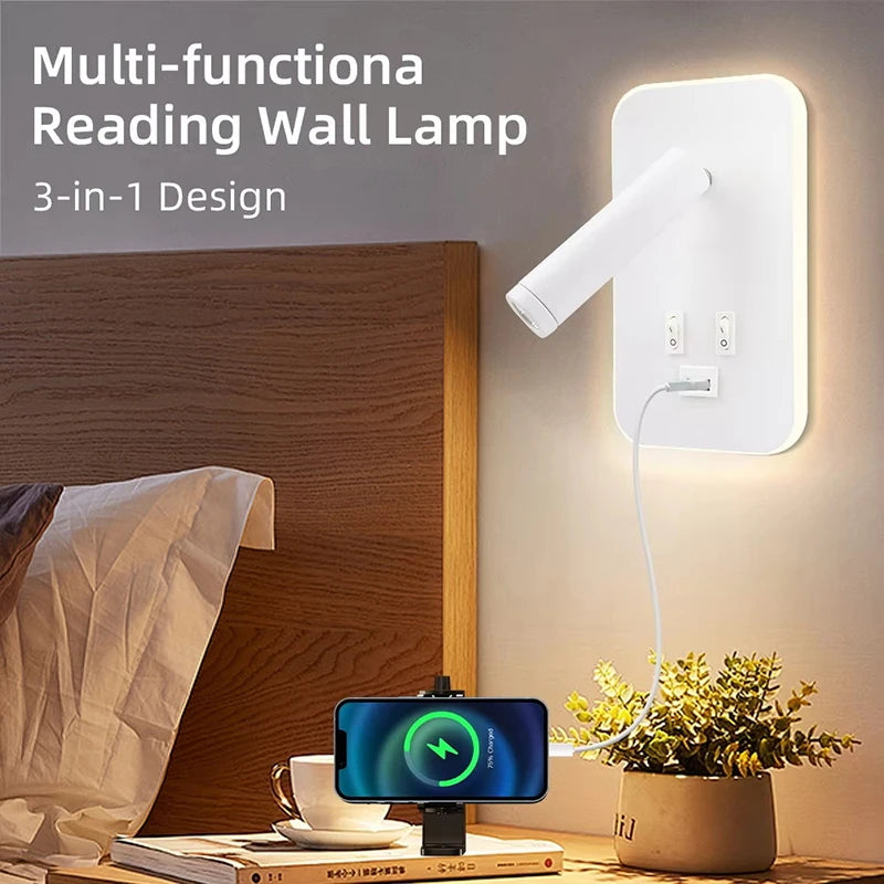 LED Wall lamp and Reading light,Multifunctional Wall Sconces with USB Port,LED Wall Lamp with Bedside Night light for Bedroom