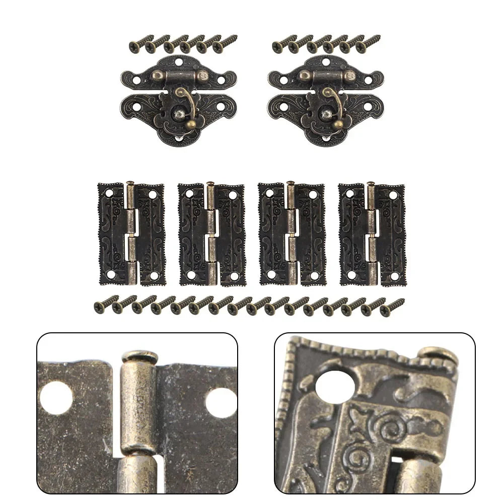 Antique bronze cabinet door hinges with screws, featuring ornate design for DIY box furniture.