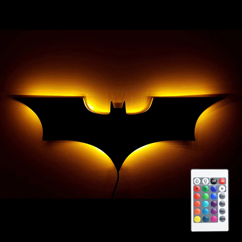 Modern creative wooden bat symbol wall lamp with remote control for 16-color night light, featuring a warm yellow glow and 2-meter cable.