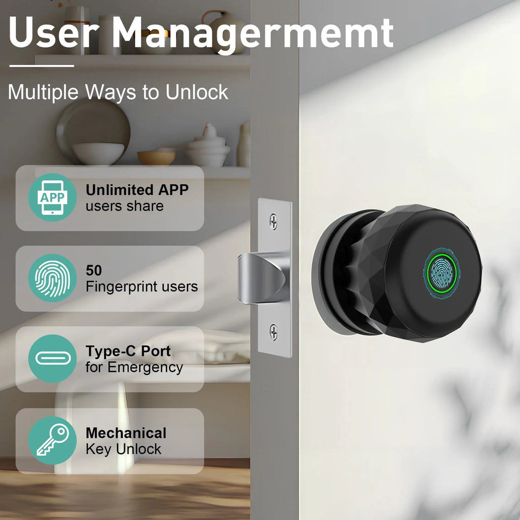 Fingerprint Door Lock Smart Door Knob, Smart Lock Biometric Keyless Entry Door Lock for Home Offices Front Door with App Control