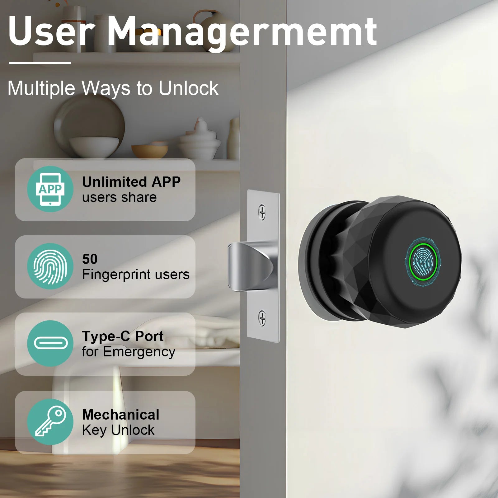 Fingerprint Door Lock Smart Door Knob, Smart Lock Biometric Keyless Entry Door Lock for Home Offices Front Door with App Control