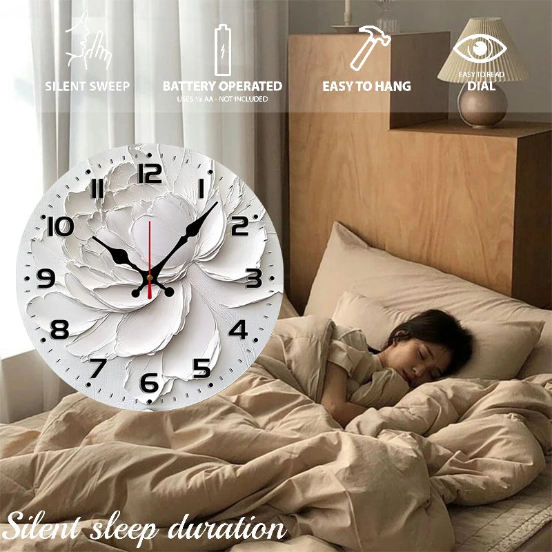 White Peony Wooden Round Silent Hanging Wall Clock, Suitable For Living Room, Office, Study Room, Bedroom, Home Decoration