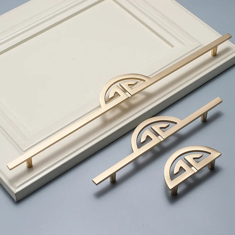 New Chinese Style gold handles for cabinets and drawers with decorative geometric pattern, shown in various sizes.