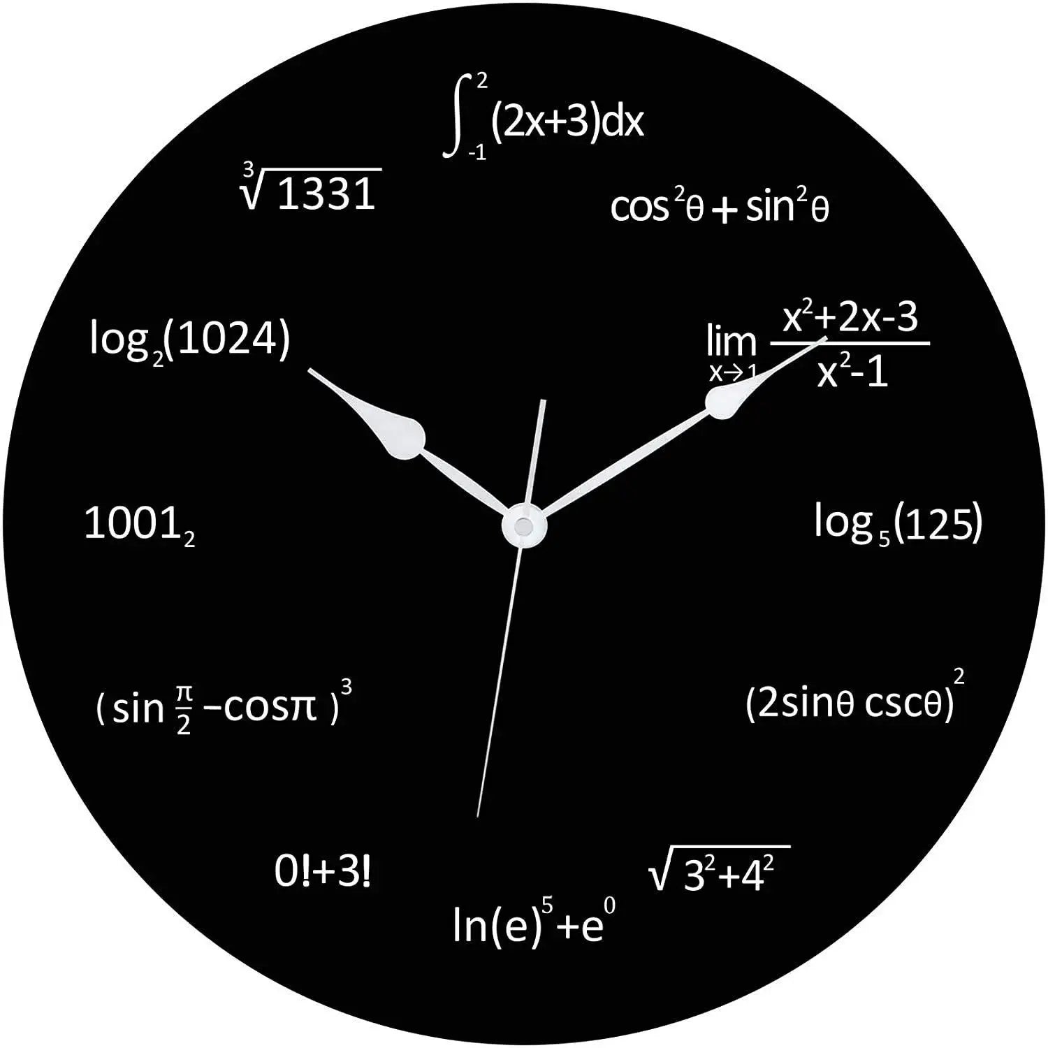 Math Equations Wall Clock with black face and white hands featuring various mathematical equations for numbers, perfect for classrooms or math lovers.