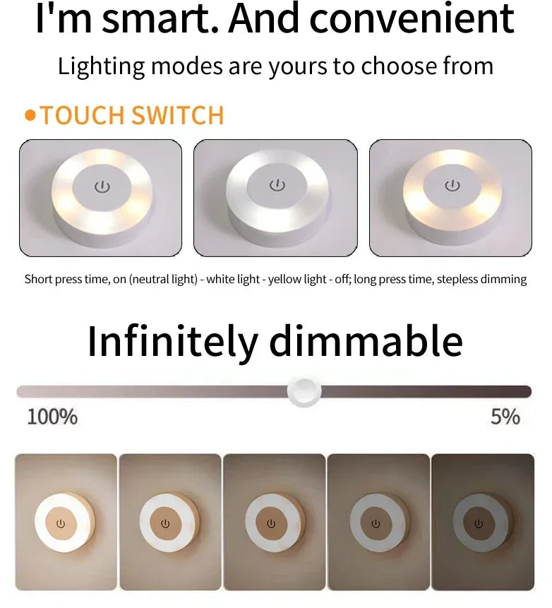 LED wall lamp with touch switch, infinitely dimmable, available in neutral, white, and yellow lighting modes.
