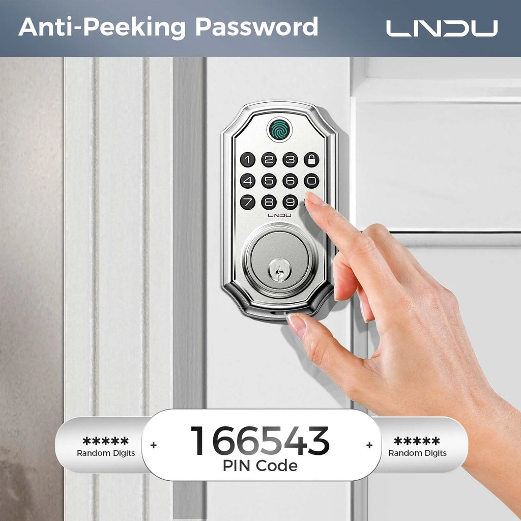 LNDU Smart Door Lock D280L with fingerprint scanner and keypad, featuring anti-peeking password technology.