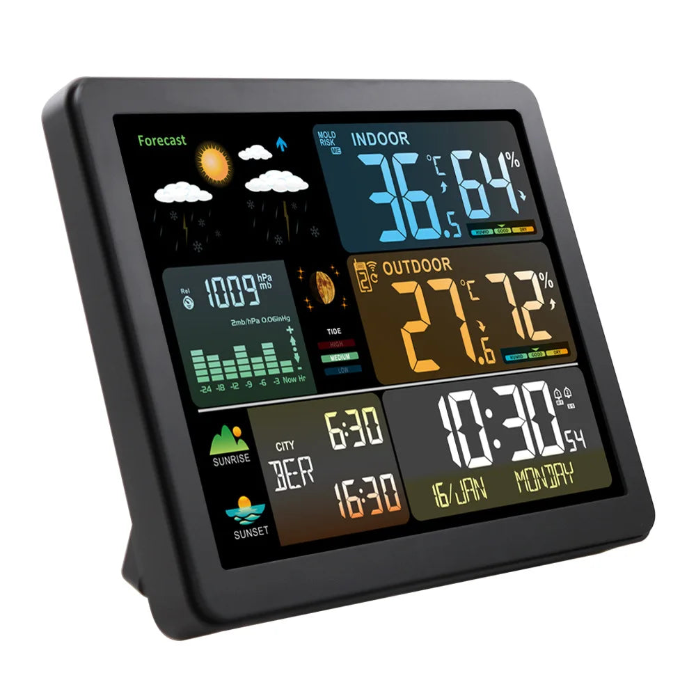 Wireless weather station with colorful display showing temperature, humidity, and time.
