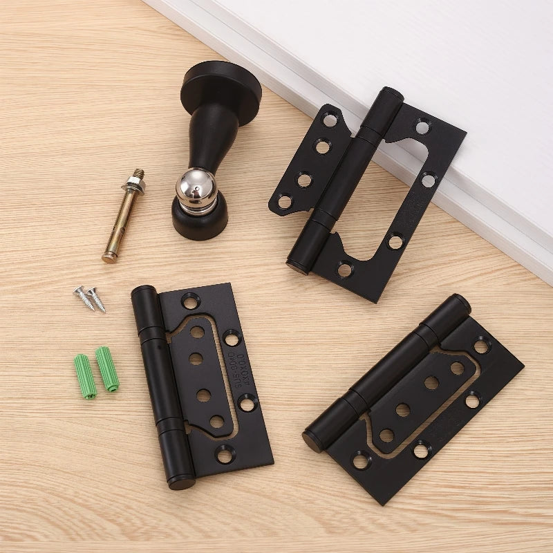 Premium stainless steel door hinge with black finish, silent and no groove design, displayed with screws and door stop on a wood surface.