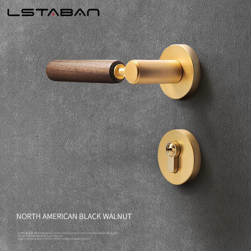 Nordic handmade walnut wood handle door lock with brass components against a gray background, suitable for bedrooms and bathrooms.