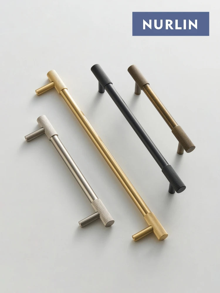 Nurlin Solid Brass Knurled Cabinet Knobs Wardrobe Handle T-bar Antique Bronze Gold Black Handle Available In Multiple Sizes