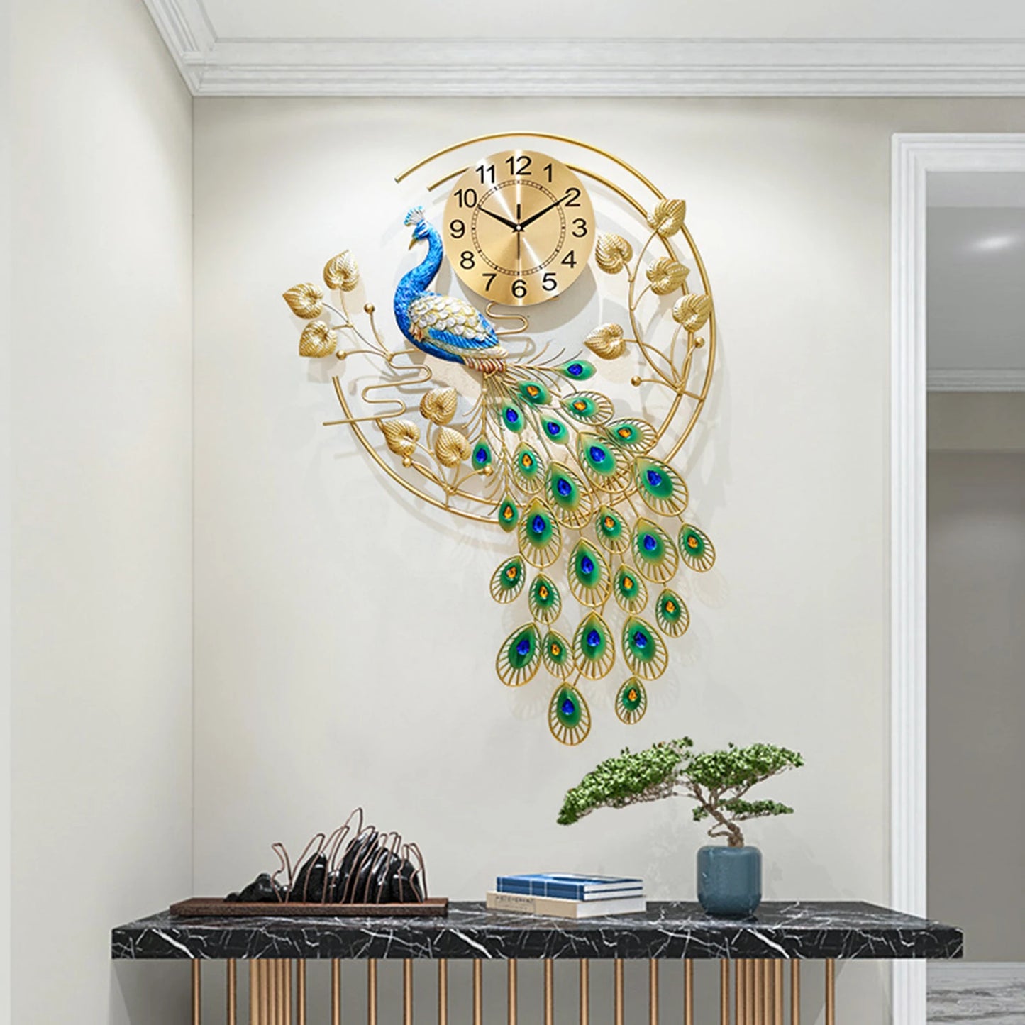 Creative Metal Wall Clock Modern Style Wall Watch Clock Peacock Shaped Wall Clock Silent Clock