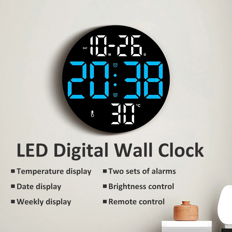 10-inch LED digital wall clock with dual alarms, calendar, temperature display, and adjustable brightness.