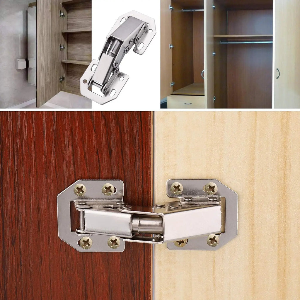 90-degree no-drilling stainless steel cabinet hinge with buffer mechanism, shown in different cabinet installation settings.