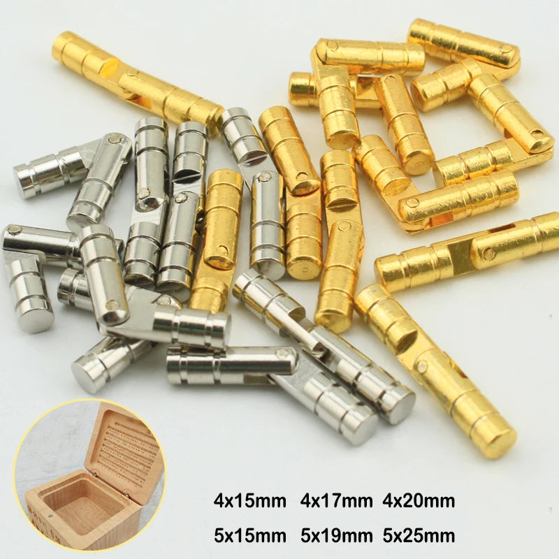 10Pcs Copper Barrel Hinges in various sizes for cabinets and jewelry boxes, shown with a demonstration on a wooden box.