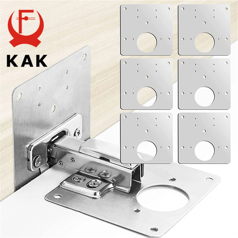 KAK 8pcs Hinge Repair Plate Kit in brushed stainless steel with mounting screws for cabinet hinges, shown with a mounted example.