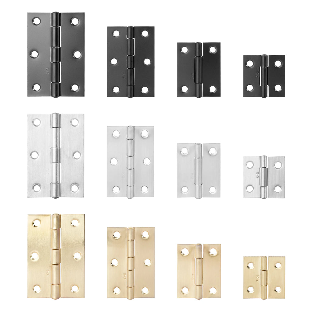 Variety of 270-degree cabinet hinges in black, silver, and gold finishes, made from premium stainless steel.