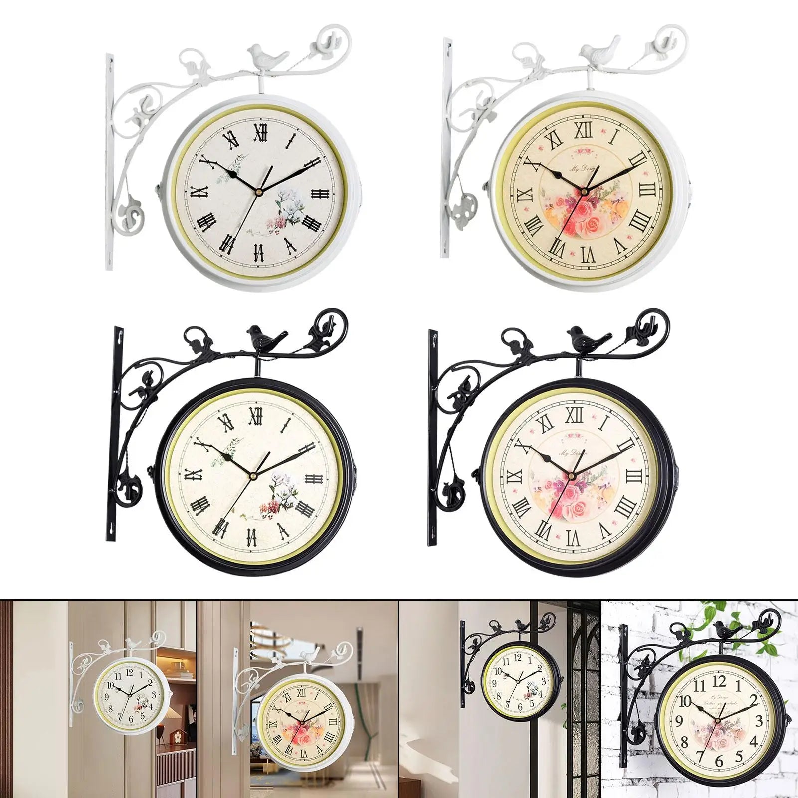 Double-sided silent wall-mounted clock with 25cm diameter, featuring Roman numerals and decorative bird details, available in black and white.