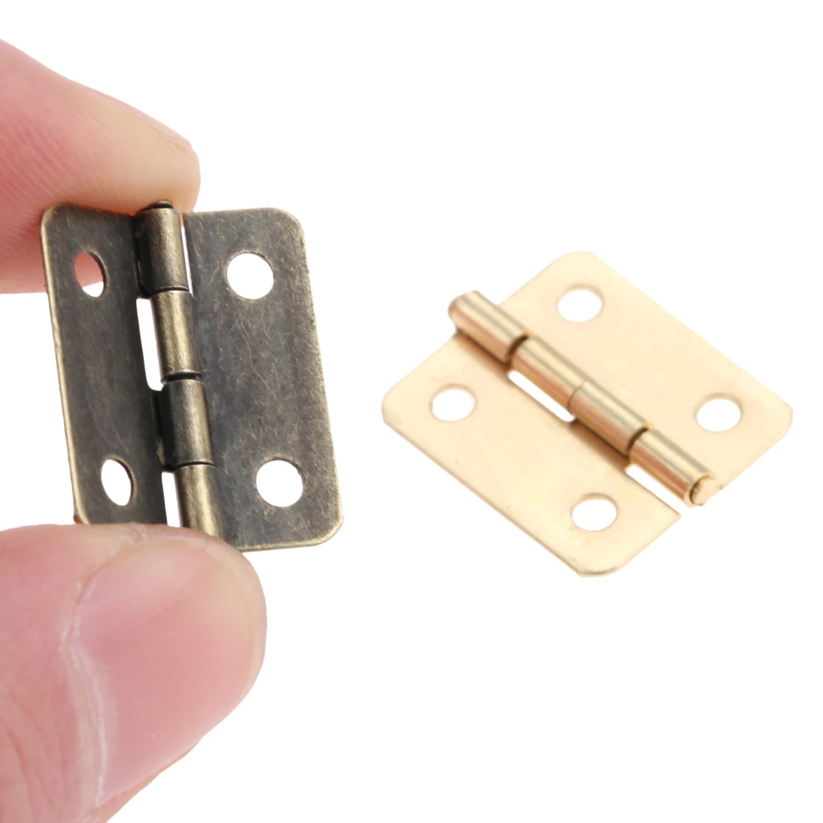 Vintage style hinges in antique bronze and gold finishes, 18*16mm, with four holes for screws, suitable for cabinets and decorative cases.