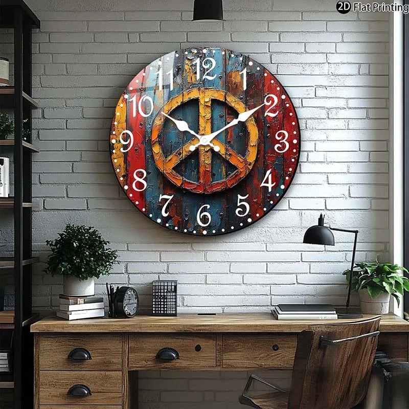 Wooden Silent Wall Clock Abstract peace symbol art Quartz Analog Clock Farmhouse,Office Idea Christmas Halloween