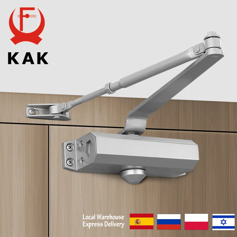 KAK Automatic Door Closer with hydraulic buffer and adjustable spring for 25 to 80KG doors, shown on a wooden door.