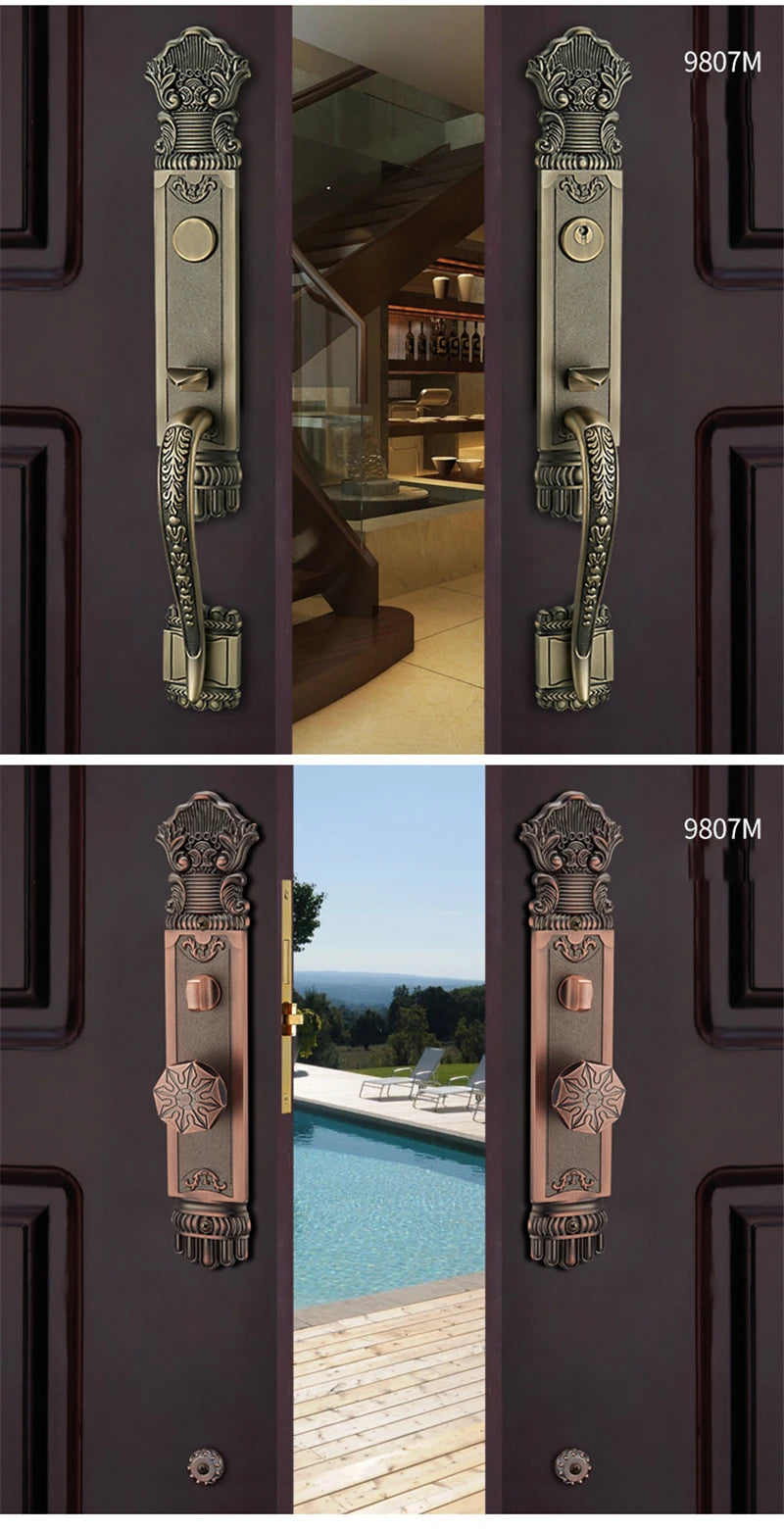 Luxury European Solid wood Villa Interior Door Lock Gate Outdoor Double Open Yellow Bronze Wooden Door Lock