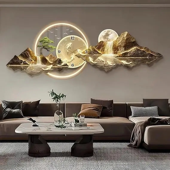 Modern 3D LED Wall Clock, Mountain View Decoration, Elegant Wall Art Clock for Home Decoration Living Room, Bedroom, Office(Smal