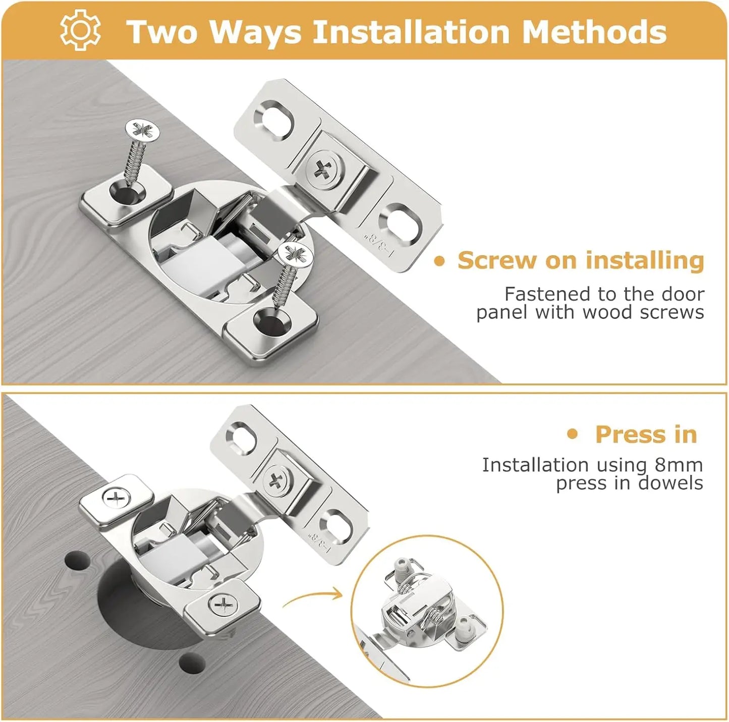 2PCS 1-3/8 inch Overlay Concealed Frame Kitchen Cabinet Hinges 105° Open Angle Soft Close Hinges Satin Nickel Hidden Hinges