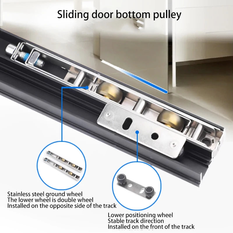 Hidden Ghost Door Track Hardware Sliding Door Slide Rail Kit with aluminum alloy track, double wheel system, and stainless steel ground wheel for 700mm-1200mm doors, supporting 80kg load.