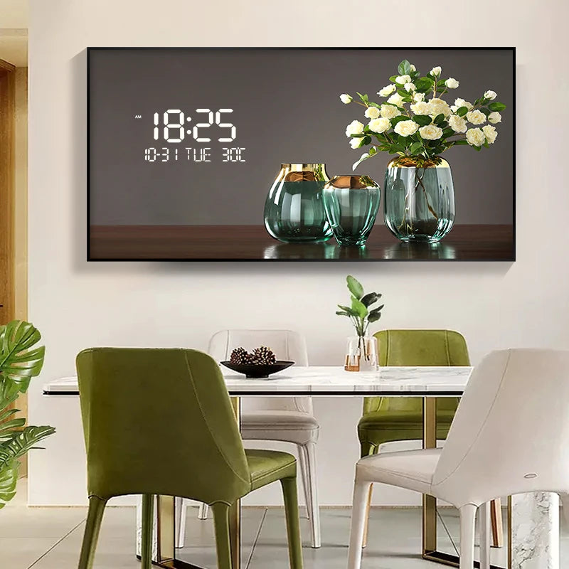 Large Size Flower Pattern Digital Wall Clock with LED Light,Creative Luxurious Muted Quartz Wall Clock for Home Decoration