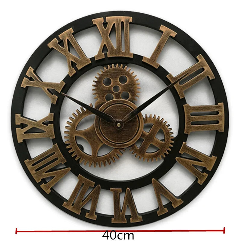 Retro industrial style wall clock with Roman numerals and gears, 40cm diameter, in black and bronze for home or office decor.