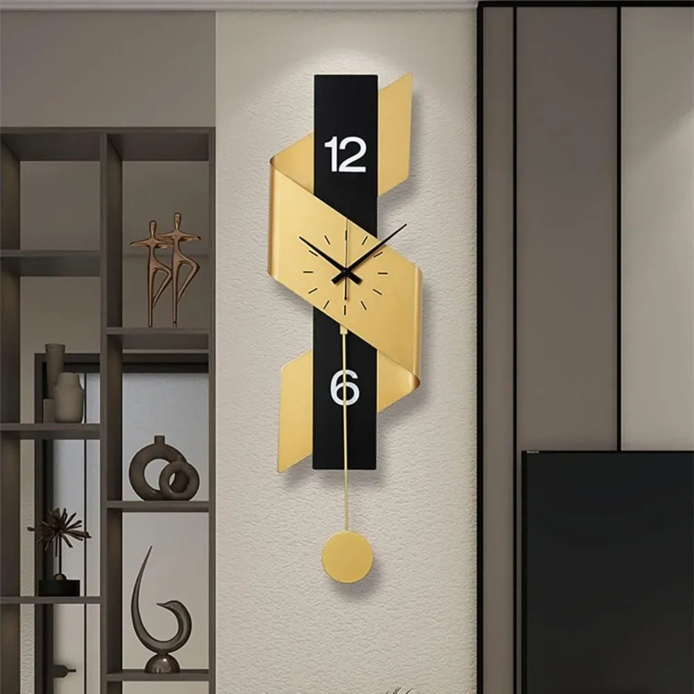 Modern Decorative Wall Clock with Pendulum - Elegant Black and Gold Ribbon Design, Battery Operated, Iron Construction