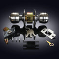 Keyed entry door knob set with lock, featuring stainless steel round knobs, latch, strike plate, and keys, displayed on a reflective surface.