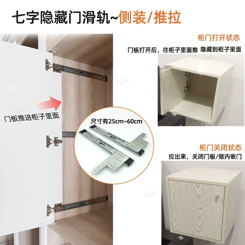 Hidden swing door slide rail for wardrobes and cabinets with folding track mechanism, space-saving design, and hinge included.