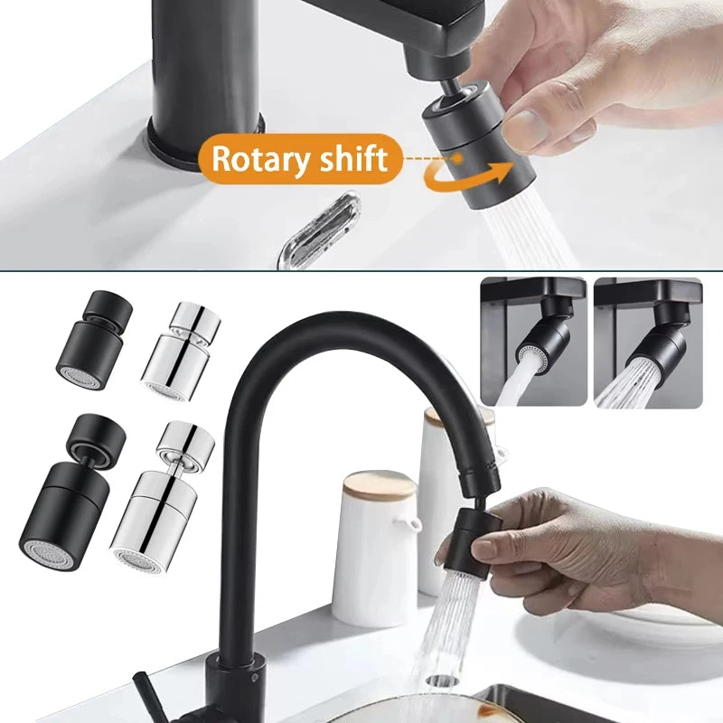 360° Rotary Kitchen Faucet Spray Head with Adjustable Nozzle in Black and Chrome Finishes