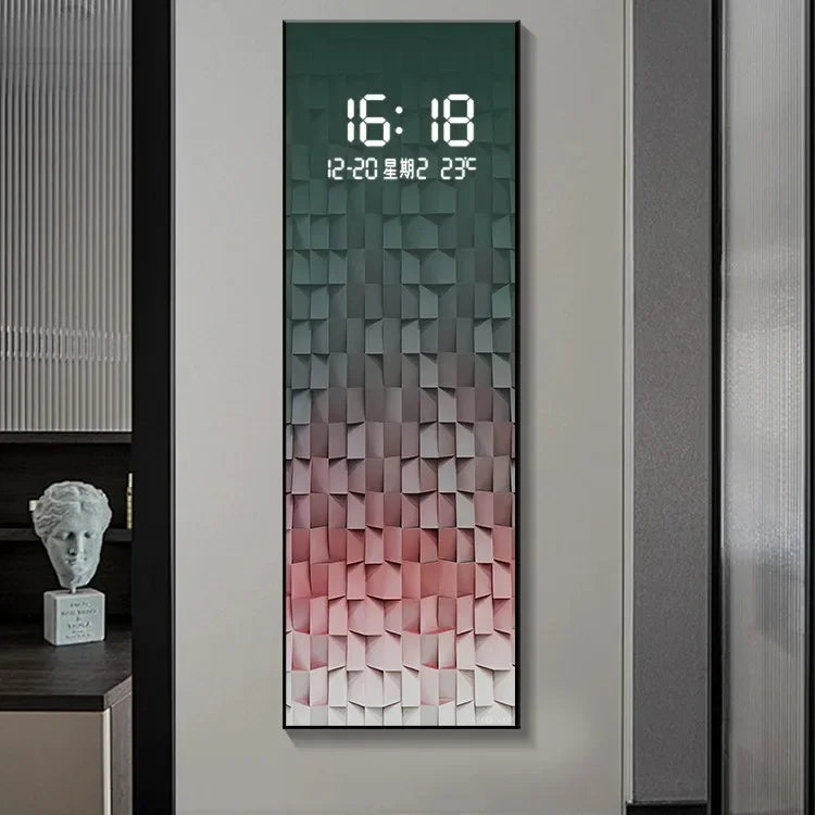 Nordic style digital clock with luminous display and 3D textured background, showing time, date, and temperature for modern home decor.