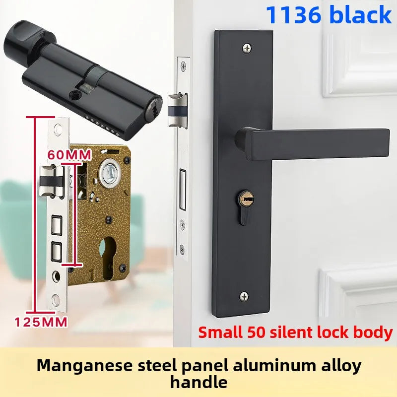 Complete Door Lock Set for Indoor Bedroom, Black Bathroom Solid Wood Handle Silent Home Door Lock, Includes Lock Body and Core