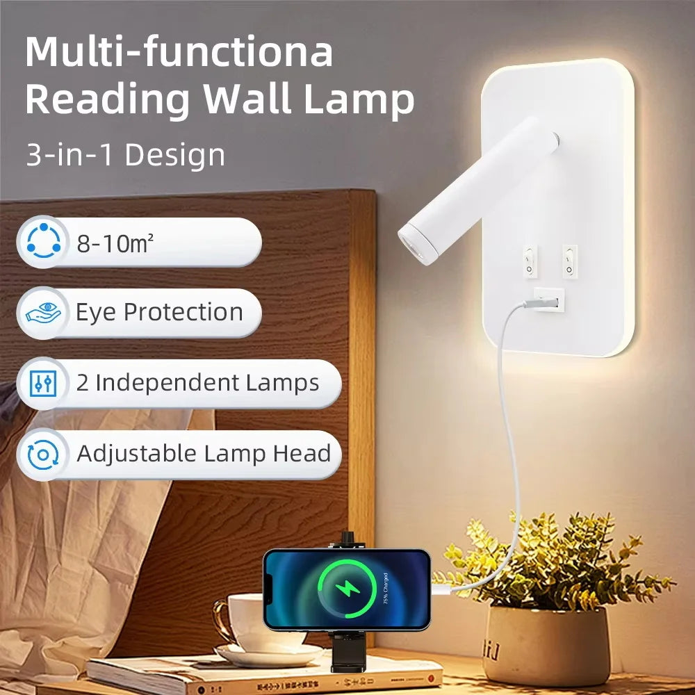LED Wall lamp and Reading light,Multifunctional Wall Sconces with USB Port,LED Wall Lamp with Bedside Night light for Bedroom