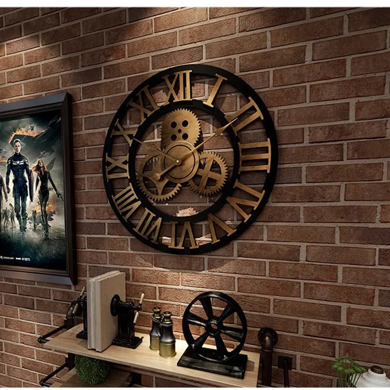 Retro industrial style wall clock with Roman numerals and exposed gears on a brick wall, ideal for home or office decor.